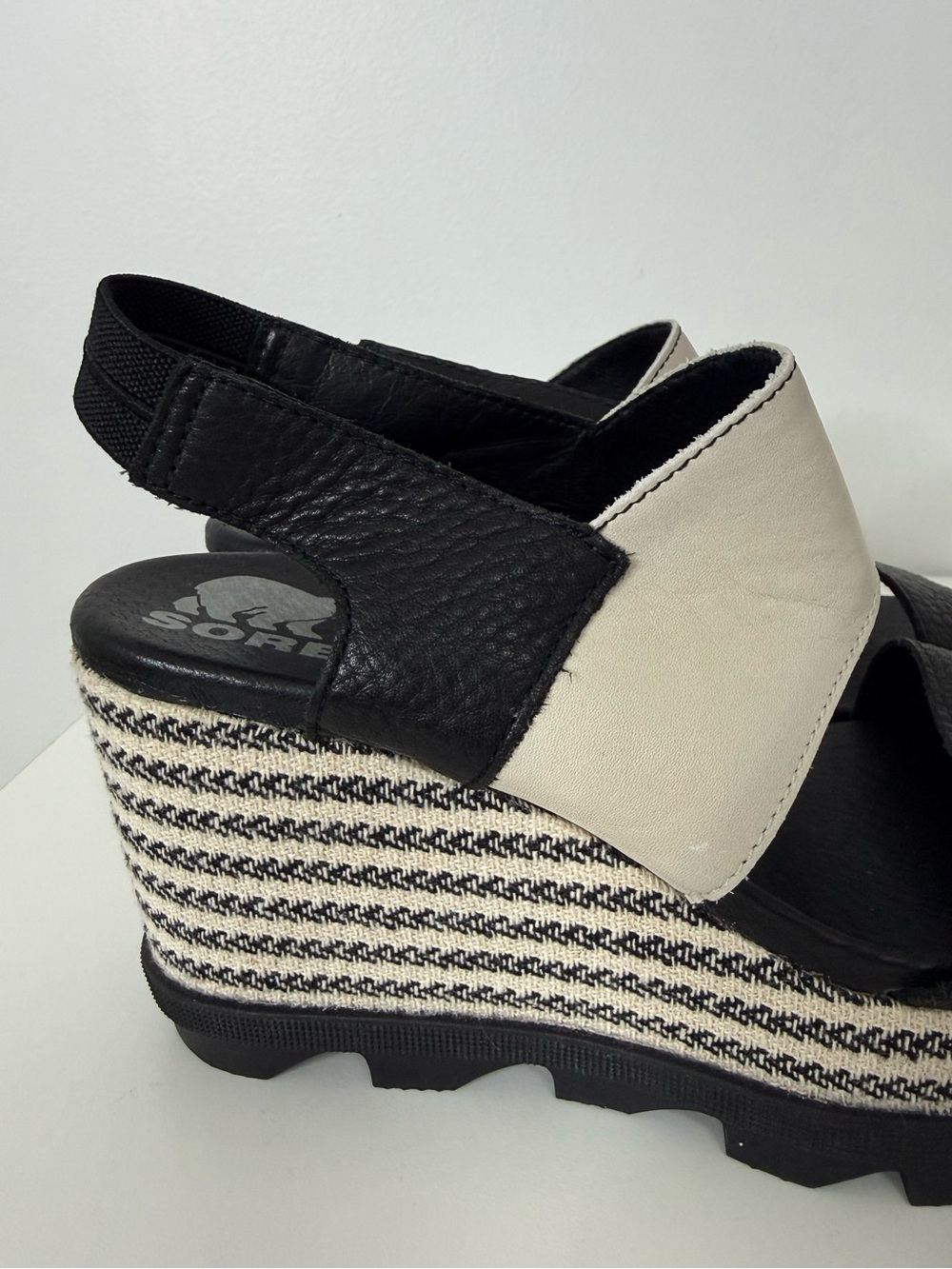 Sorel Joanie II Slingback Platform Wedge Leather Sandals Black Cream Women 7.5 - Picture 3 of 16
